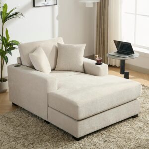 merax modern upholstered indoor chaise lounge with pillows, charge station & cup holders, single sofa couch with armrest and soild wood legs, gream