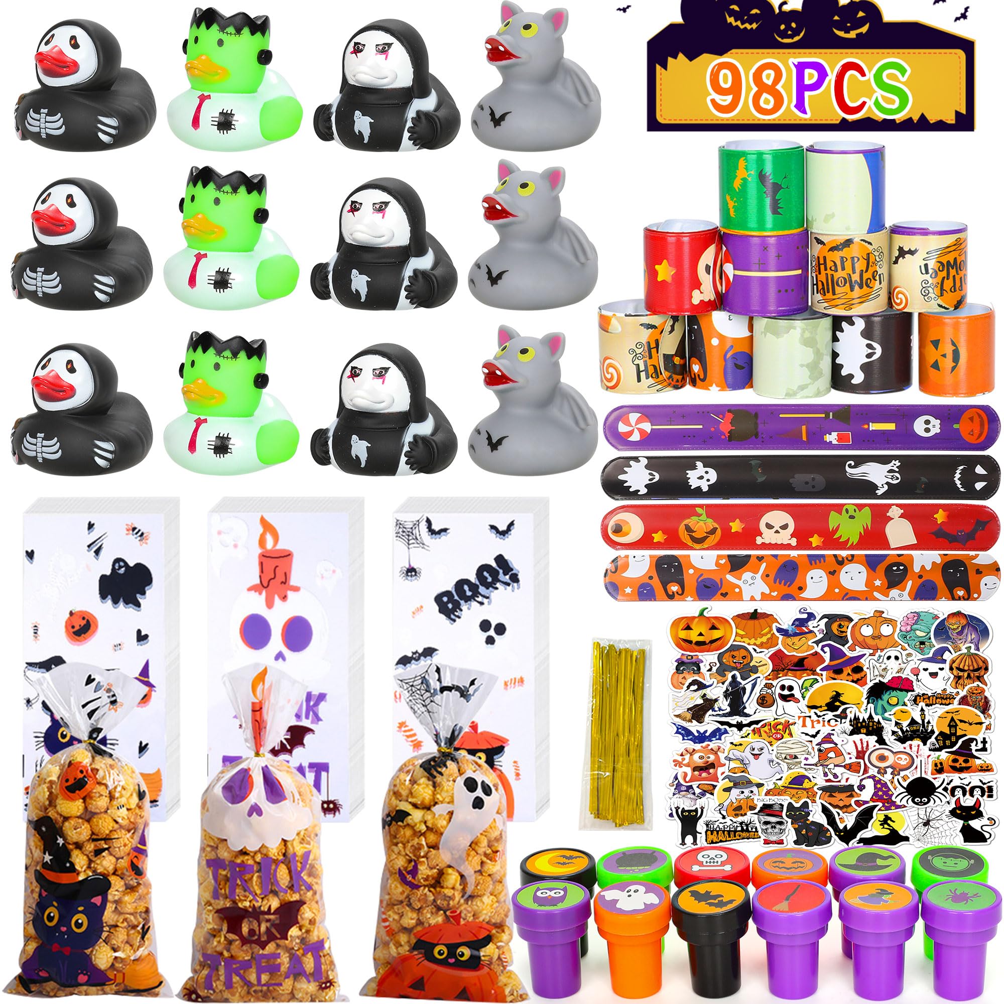 98Pcs Halloween Party Favors Set - Halloween Party Toys 12 Duck, 12 Stamps, 12 Slap Bracelets, 50 Stickers, 12 Gift Bags and Cable Ties - Halloween Themed Party Supplies for Kids