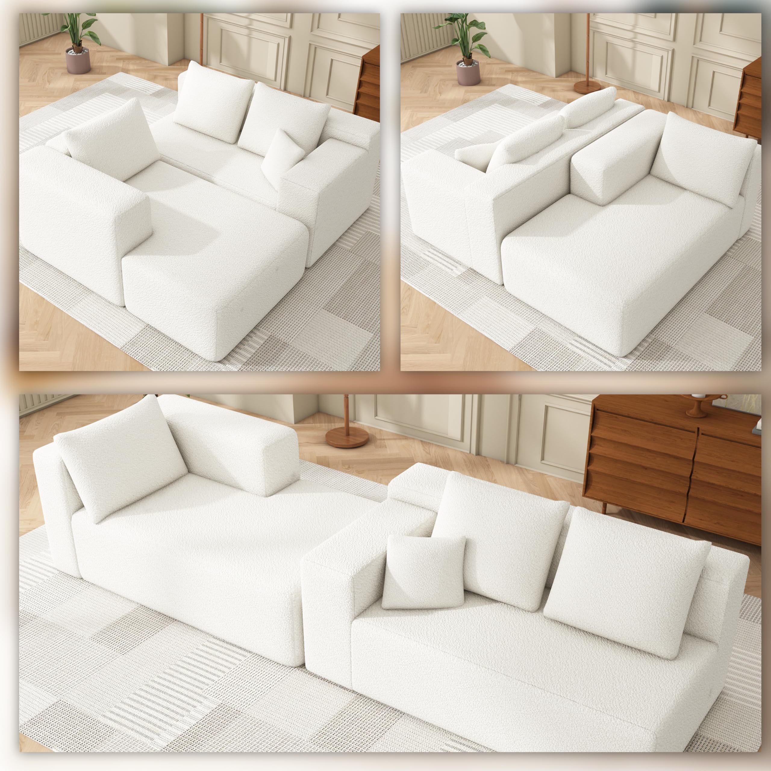 Sectional Floor Sofa Couch, Corner L Shaped Sectional Sofa Set Modern Minimalist Modular,Convertible Compressed Cloud Sofa w/Lounge,Sherpa Fabric,Deep Seater,High-Density Foam(Off White 4 Seater)