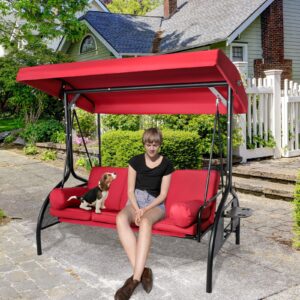 QUYZE 2 in 1 Outdoor Porch Swing, Outdoor Swing with Canopy, 3-seat Porch Swing with Stand Convertible Backrest Swing Bed w/Cup Holders for Front Porch Lawn Cushion and Pillows Included, Wine Red