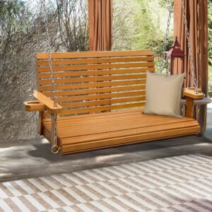 Wooden Porch Swing 2-Seater, Bench Swing with Cupholders, Hanging Chains and 7mm Springs, Heavy Duty 880 LBS, for Outdoor Patio Garden (Teak Tone, 4 FT Extra Large)