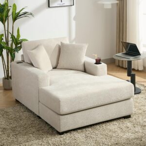 Merax Modern Upholstered Indoor Chaise Lounge with Pillows, Charge Station & Cup Holders, Single Sofa Couch with Armrest and Soild Wood Legs, Gream