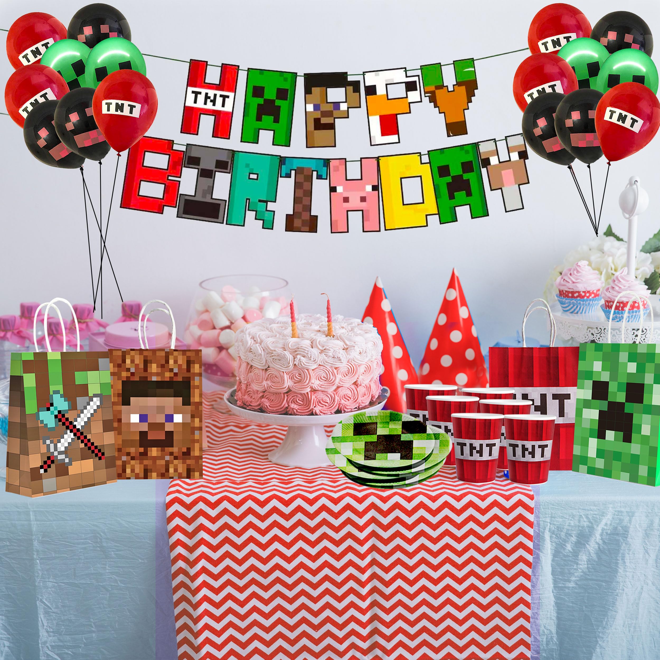 Pixel Birthday Decorations, Party Decorations, Birthday Party Supplies, Banner, Balloons, Tablecloth, Cupcake Toppers, Large Cake Decorations, Table Cover, Creeper