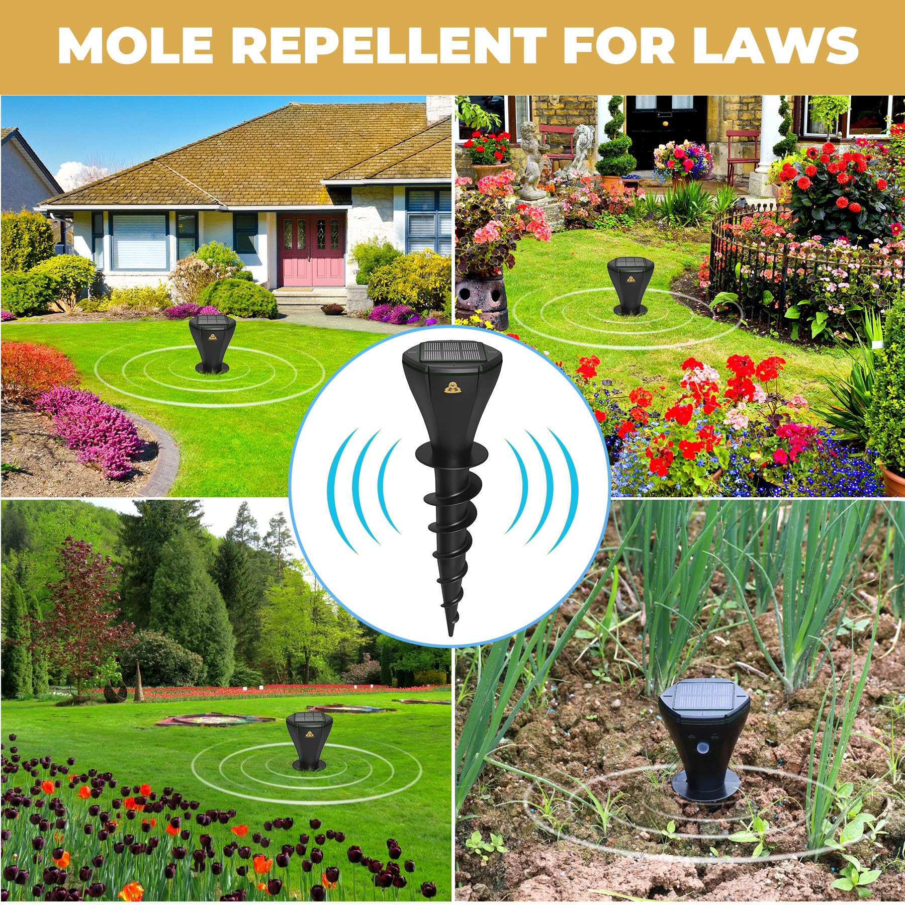 Solar Powered Mole Repellent Stakes Outdoor Ultrasonic Snake Groundhog Gopher Vole Chipmunk Repeller Sonic Deterrent Spikes Device for Lawns and Yard Waterproof - No Poison Killer Traps, Black 8 Pack