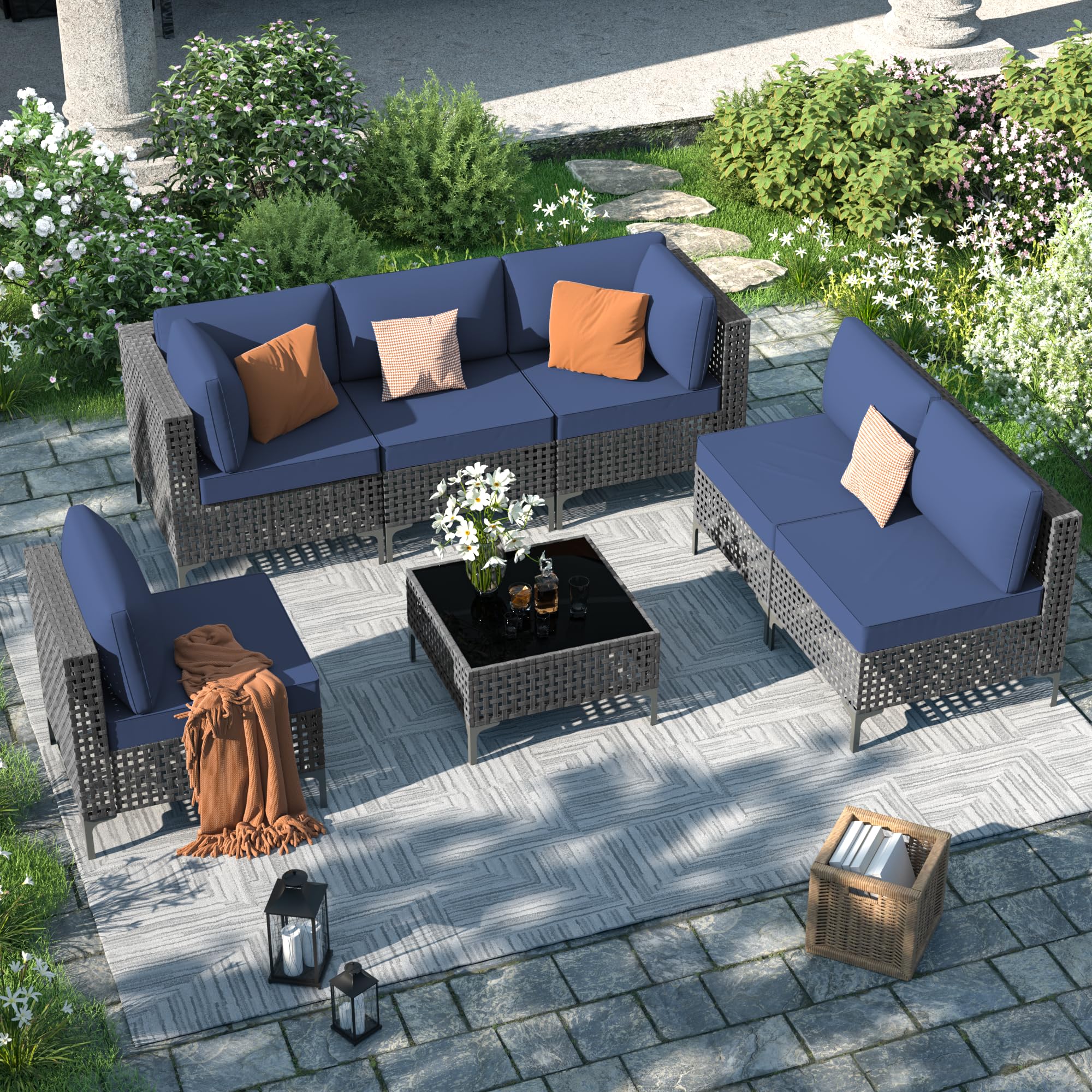 Piltwoff Patio Furniture Set,7 Piece Outdoor Sectional Sofa, Open-Weave Wicker Patio Conversation Sets with Navy Cushions & Glass Coffee Table for Balcony Porch Pool Deck,Grey Rattan