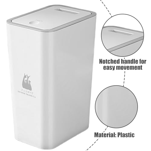 BEAHING Slim Bathroom Bin 10L Plastic White Bathroom Bin with Press Type Lid and Built-in Groove Handle Narrow Trash Can for Bathroom Kitchen Living Room Office 5x7.7x13 Inch Bedroom Bin