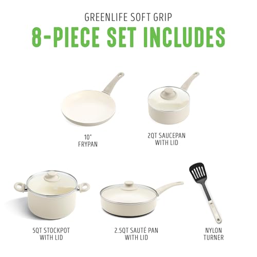 GreenLife Soft Grip 8 Piece Cookware Set, Non-Toxic PFAS-Free Ceramic Nonstick, Frying, Sauce, Sauté, Utensils, Glass Lids, Stay-Cool Handles, Wobble Free, Dishwasher & Oven Safe, Cream White