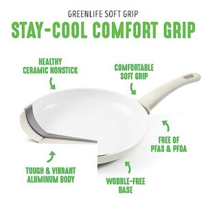 GreenLife Soft Grip 8 Piece Cookware Set, Non-Toxic PFAS-Free Ceramic Nonstick, Frying, Sauce, Sauté, Utensils, Glass Lids, Stay-Cool Handles, Wobble Free, Dishwasher & Oven Safe, Cream White