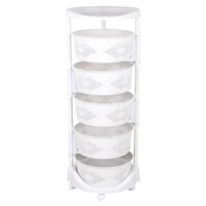 sippyssy 5-tier rotating storage shelf with wheels - organizer for fruits and vegetables,adjustable height, white freestanding round rotating storage rack for kitchen,bathroom living room bedroom