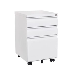 SumKea 17.71'' Rolling 3-Drawer Mobile Lock, Office Storage, Pre-Assembled Metal File Cabinet Except Wheels Under Desk, White