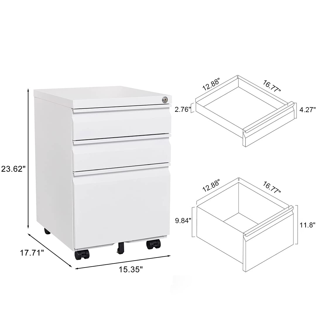 SumKea 17.71'' Rolling 3-Drawer Mobile Lock, Office Storage, Pre-Assembled Metal File Cabinet Except Wheels Under Desk, White