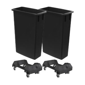 pack of 2 black 23 gallon slim waste bin with dolly, heavy-duty wheeled trash can, commercial rolling recycle container, durable plastic garbage can for offices, homes, kitchens, restaurants