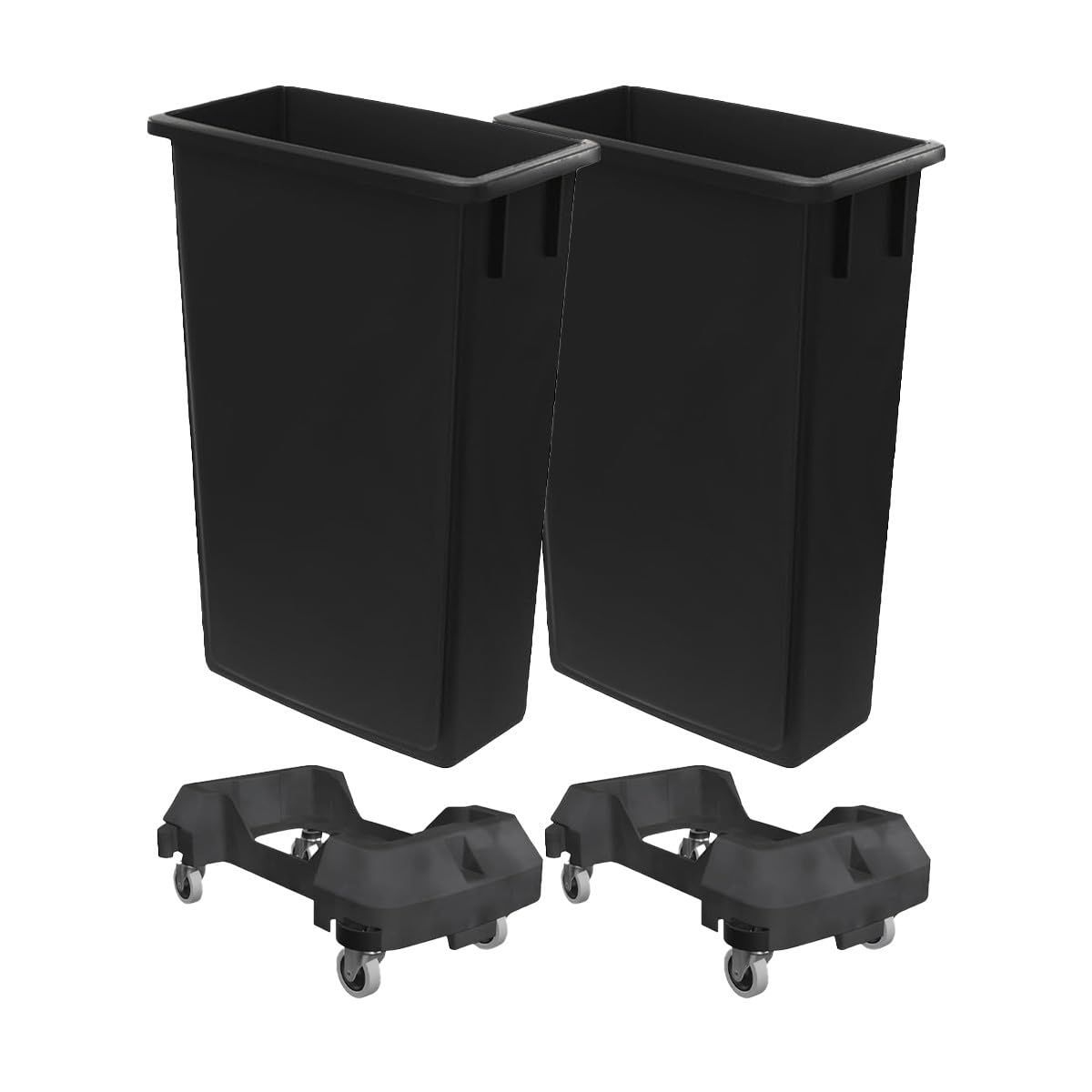 Pack of 2 Black 23 Gallon Slim Waste Bin with Dolly, Heavy-Duty Wheeled Trash Can, Commercial Rolling Recycle Container, Durable Plastic Garbage Can for Offices, Homes, Kitchens, Restaurants