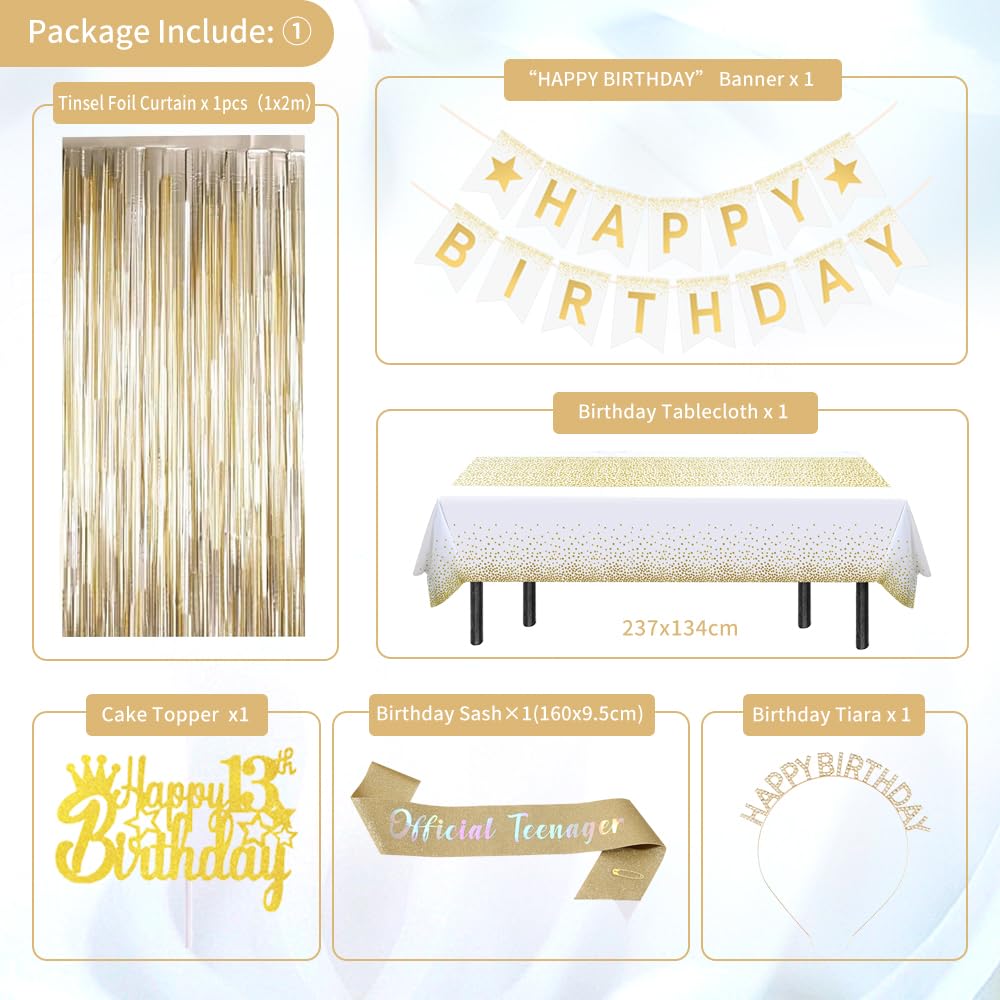 13th Birthday Decorations for Girls, White and Gold Balloons Happy 13th Birthday Decorations Girl, Happy Birthday Banner, Tiara Crown, Sash, Tablecloth Fringe Curtain for Official Teenager Decorations