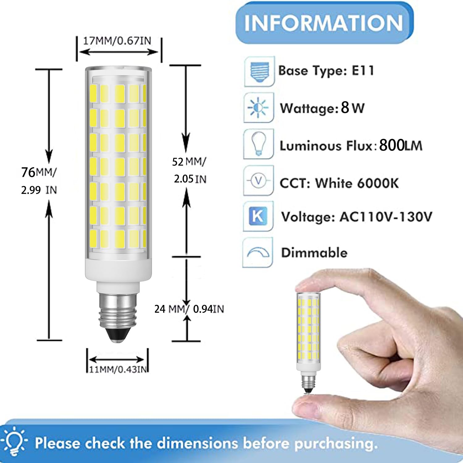 SSXBF E11 Led Bulb 8W 80W Halogen Replacement Dimmable，T3 T4 Mini Candelabra Base，Daylight White 6000K，100-130V for Ceiling Fans, Chandeliers, Cabinet Lighting, Pack of 2