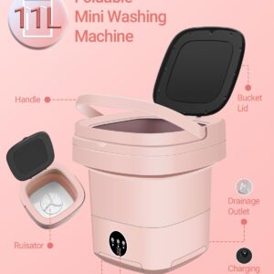 Portable Washing Machine, 11L Upgraded Large Capacity Foldable Mini Washer, Small Washing Machine for Apartments Travel Laundry Camping RV Dorm, Pink