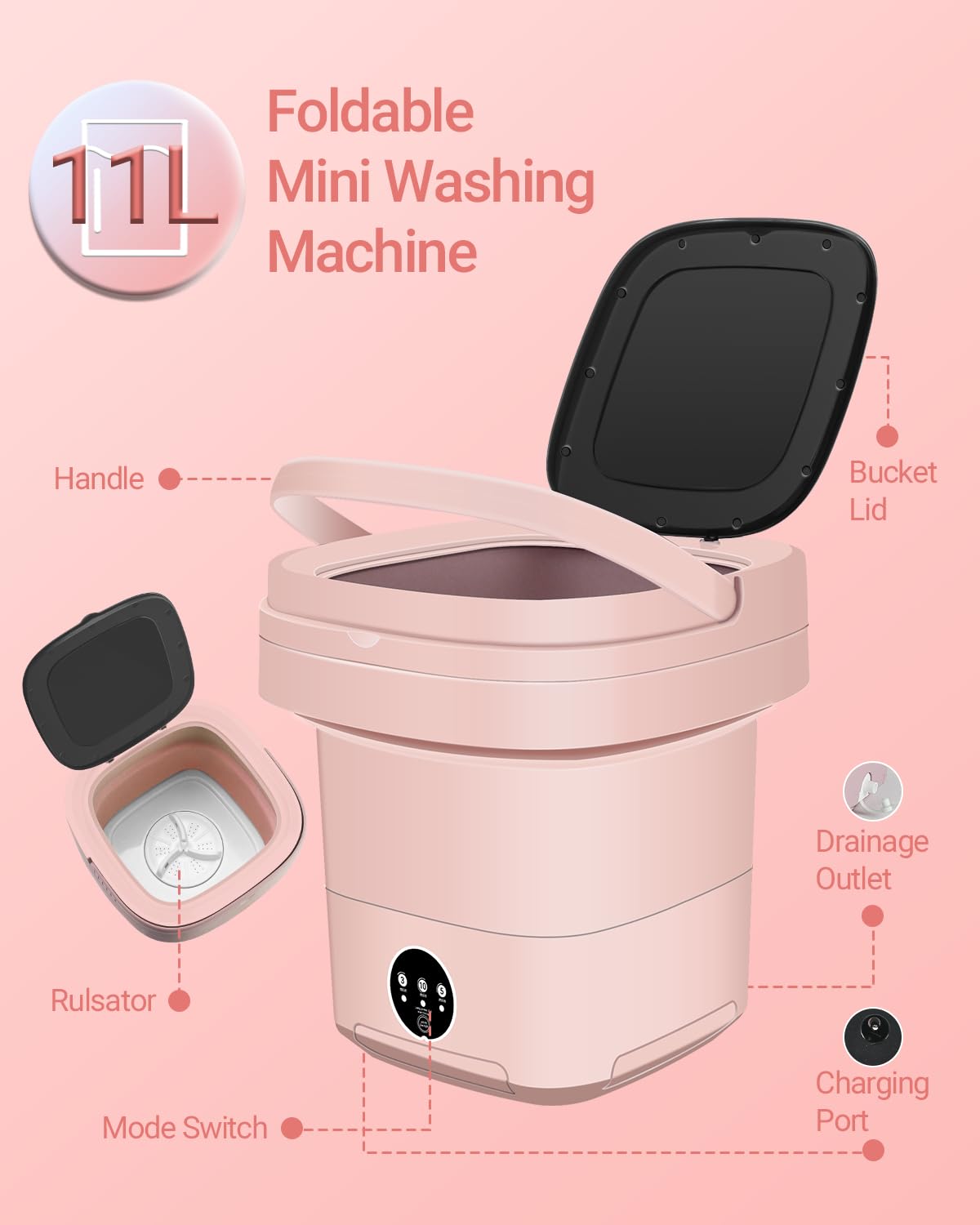 Portable Washing Machine, 11L Upgraded Large Capacity Foldable Mini Washer, Small Washing Machine for Apartments Travel Laundry Camping RV Dorm, Pink