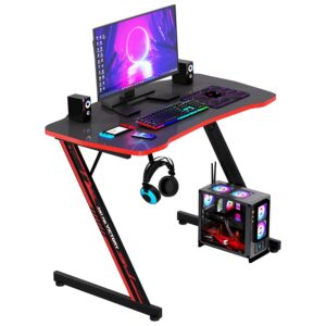 ruesleag 39 inch gaming desk ergonomic home office desk z-shaped computer desk pc workstation modern simple study table w/headphone hook adjustable leveling foot spacious desktop,(red)