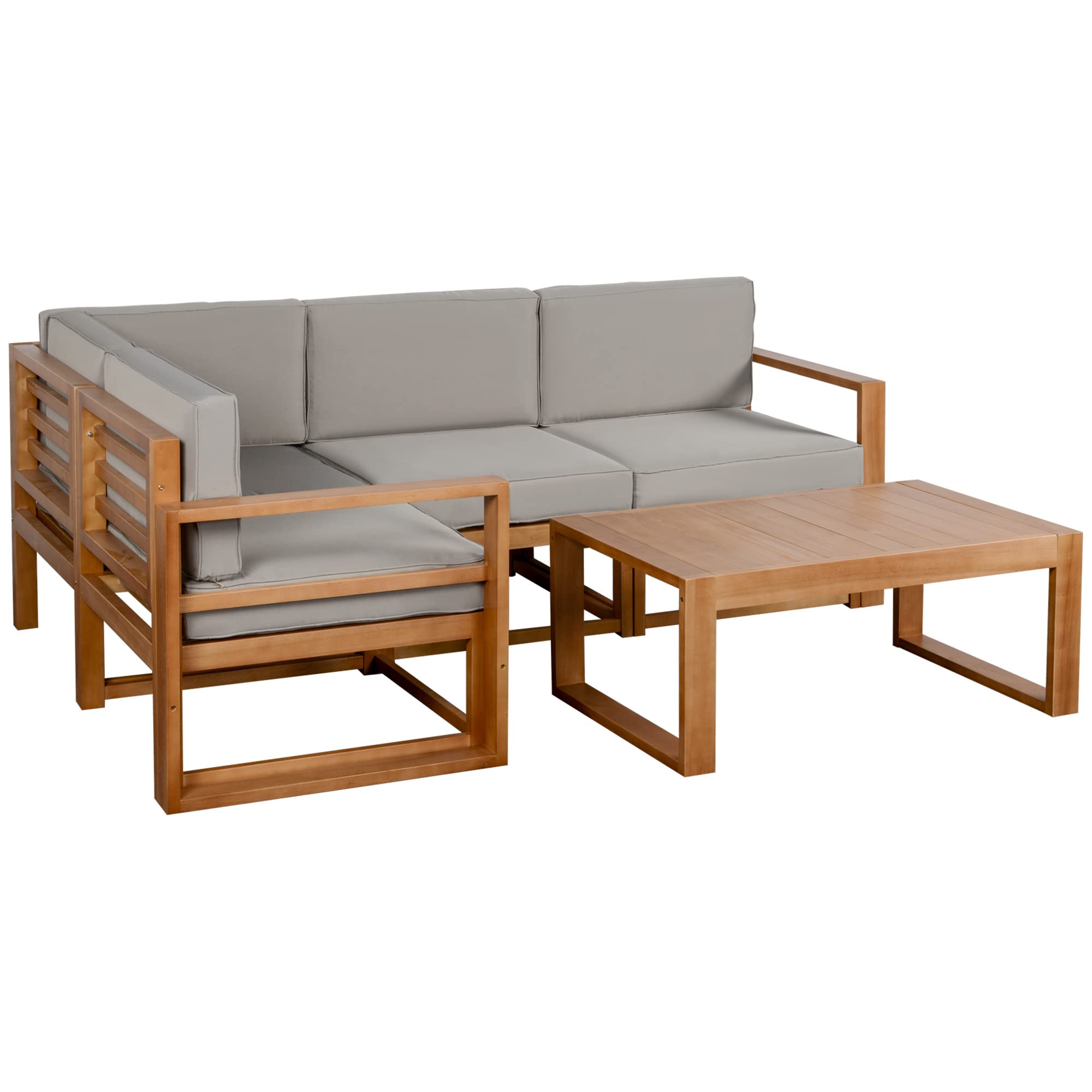 Outsunny 4 Seater L Shaped Patio Furniture Set with Coffee Table and Cushions, Wood Outdoor Sectional Sofa Conversation Set for Garden, Backyard, Porch and Poolside (Gray)