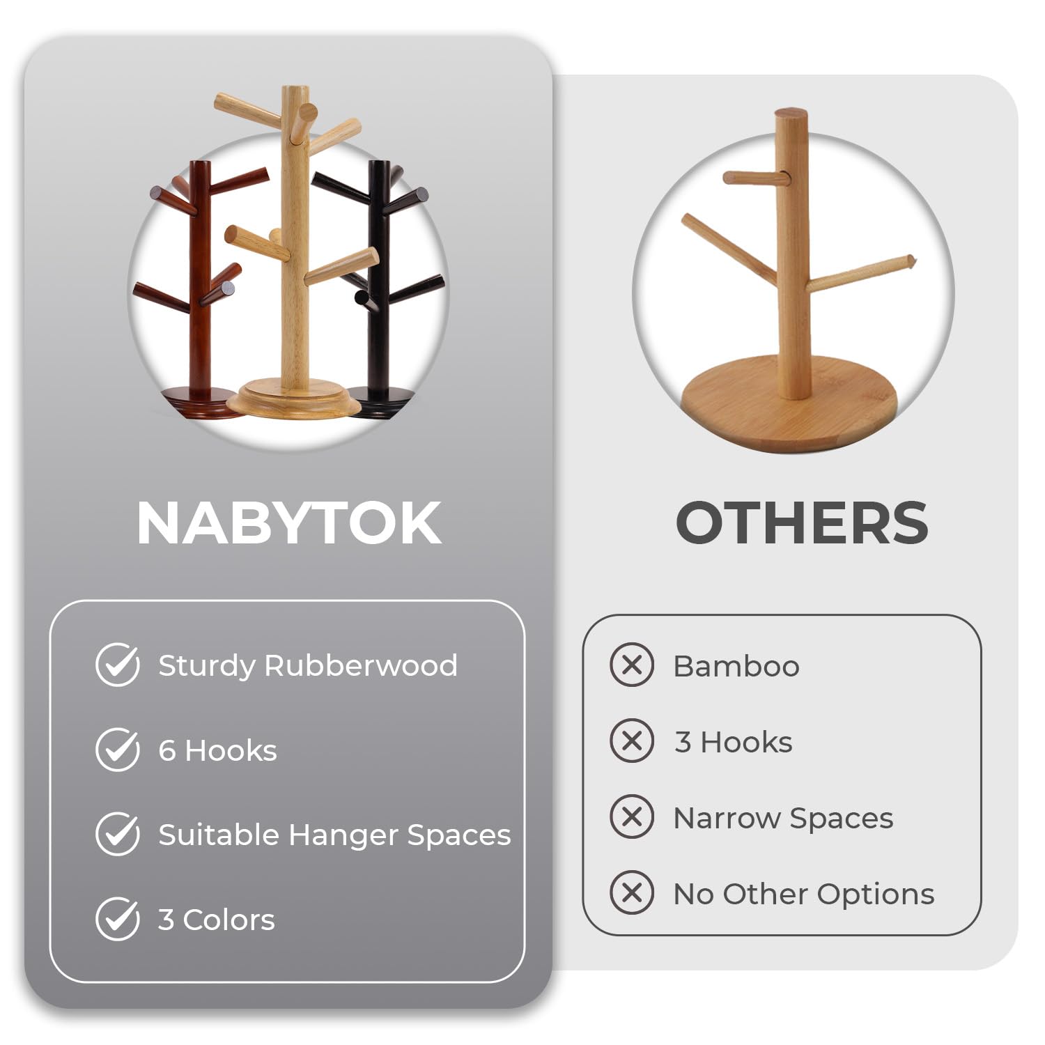 Nabytok Pack 2 Mug Tree 6 Hooks Rubberwood 13.5"x7"x7", Strudy & Thick Base, Large & Small Cup Holder Tree Wooden for Jewelry, Kitchen Tools, Pantry, Ornaments, Countertop, Table Organizer (Natural)