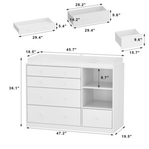 TAMUNE Dresser with 5 Drawers, White Chest of Drawers with Open Shelves, Modern 5 Drawer Chest with Knobs, 5 Drawer Dresser Cabinet for Bedroom Living Room, 19.7”D x 47.2”W x 36.1”H