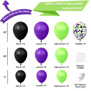 NISOCY Halloween Balloons Arch Kit, 100PCS Purple and BlackLime Green Balloons Graland Kit with Black Purple Green Confetti Balloons for Halloween Birthday Party Decorations