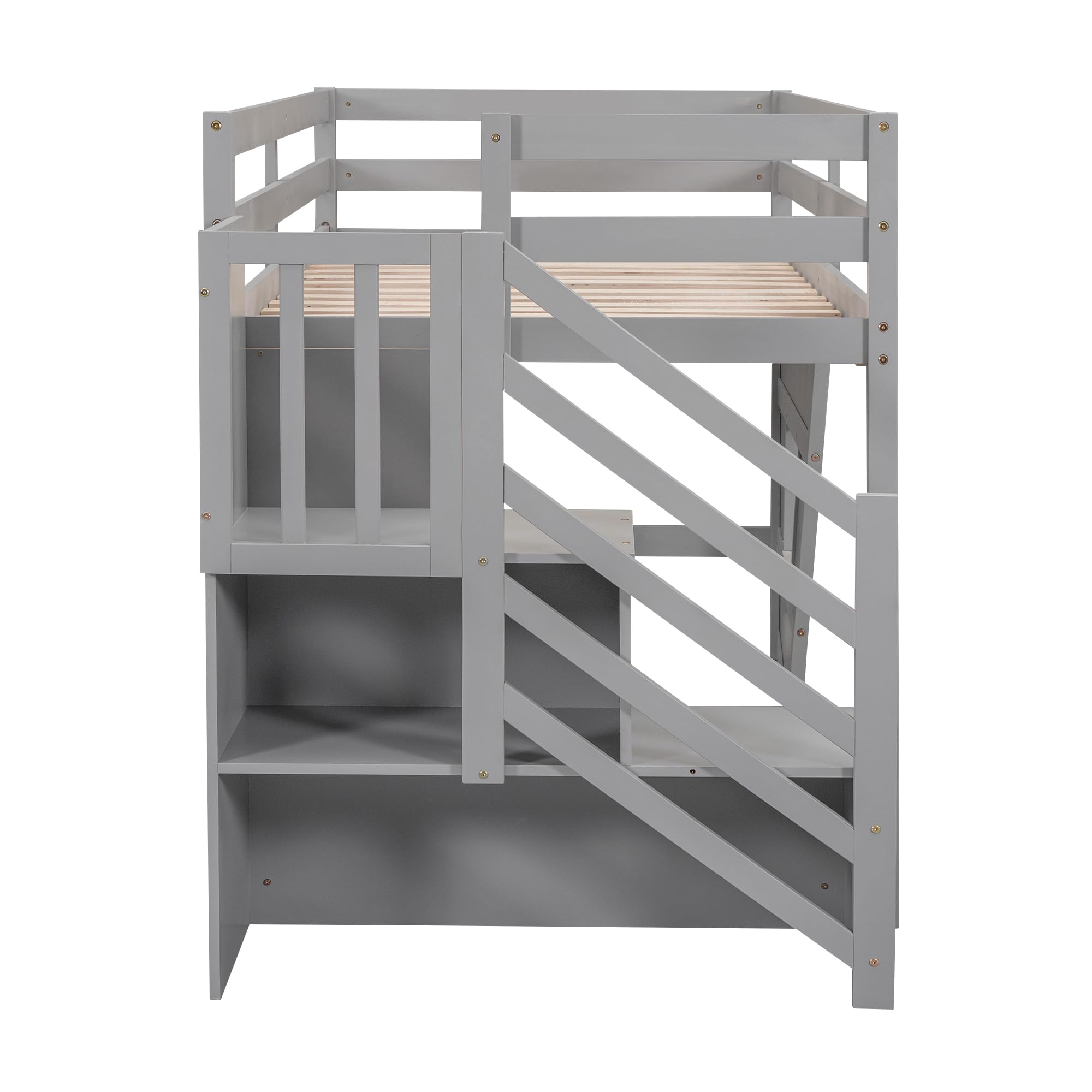 Merax Twin Loft Bed with Storage Staircase and Large Underbed Space for Teens, Boys, Girls, Solid Wood Bedframe & Full-Length Safety Guardrails for Bedroom, No Box Spring Needed, Easy Assembly, Gray