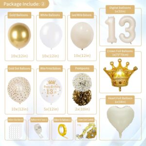 13th Birthday Decorations for Girls, White and Gold Balloons Happy 13th Birthday Decorations Girl, Happy Birthday Banner, Tiara Crown, Sash, Tablecloth Fringe Curtain for Official Teenager Decorations