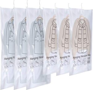 neahom hanging vacuum storage bags for clothes, 6 pack (3 jumbo, 3 large) vacuum seal bags for clothing, space saver bags vacuum sealer bags compression bags for travel, closet organizer, clear