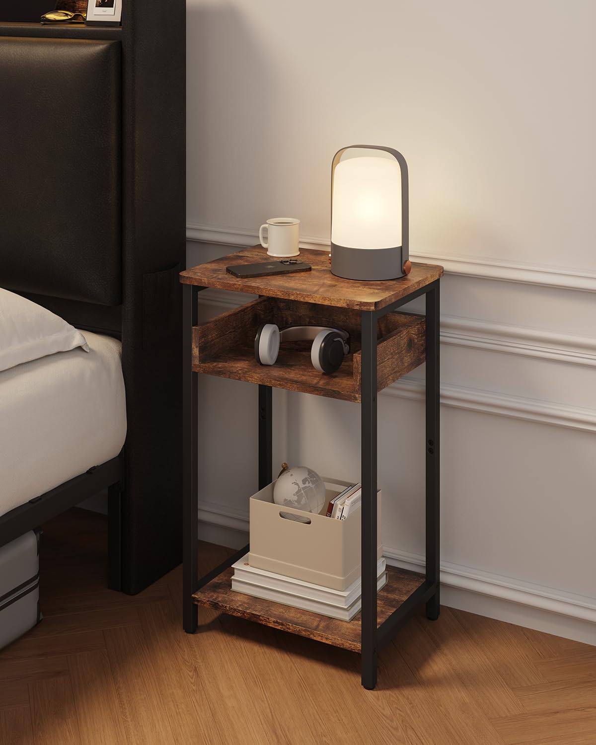 KJGKK Side Table, 25 inch High End Table, Small Bedside Table for Living Room, Bedroom and Office, Rustic Brown & Black