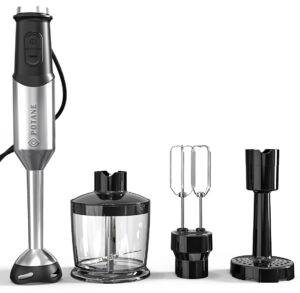 immersion blender, heavy duty copper motor, stainless steel smart stick with egg beaters, potato masher, chopper/food processor