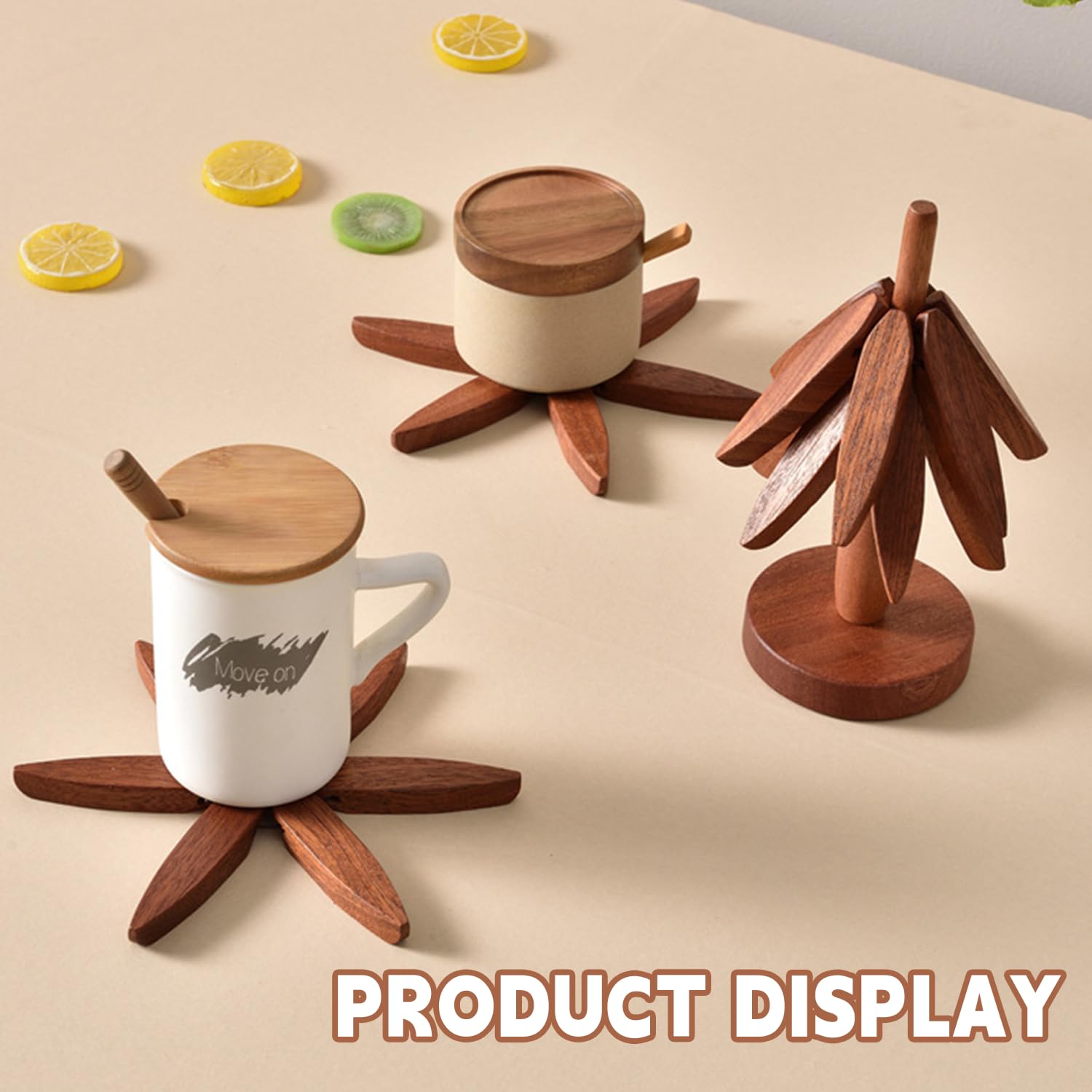 Wooden Trivets for Hot Dishes,Tree Shape Trivet Set,4 Wooden Trivets+1 Stand,Trivets for Hot Dishes,Natural Foldable Kitchen Wooden Trivet,for Hot Dishes、Pot、Bowl、Teapot、Hot Pot Holders(Black Walnut)