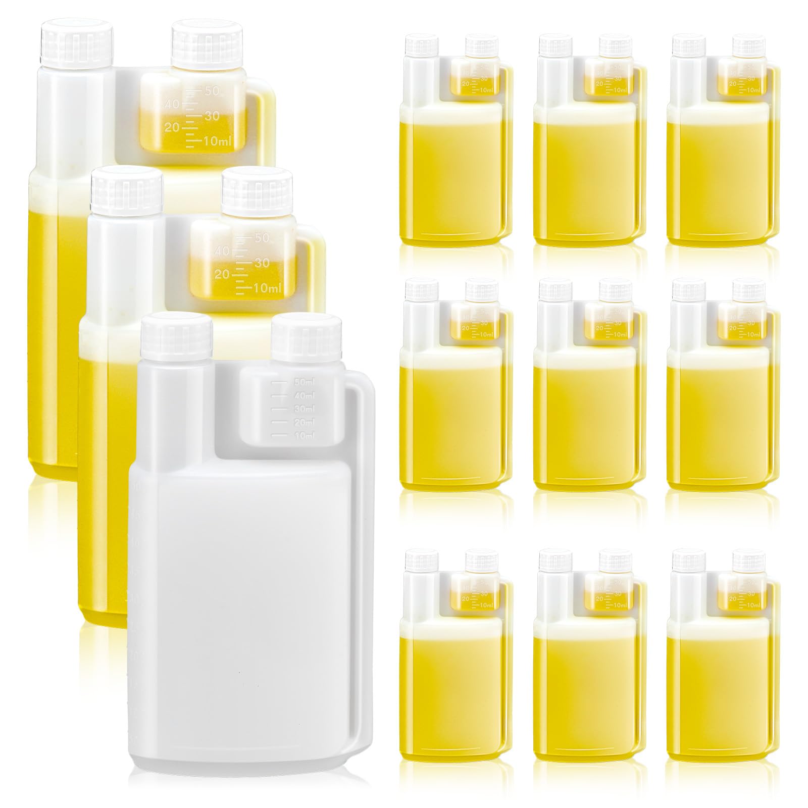 Lounsweer 12 Pcs Plastic Flask with Built in 1oz Shot Glass Graduated Chamber with Caps, Measuring Bottles One for Filling and One for Dispensing, to Store, Measure Dispense Liquids (32oz)