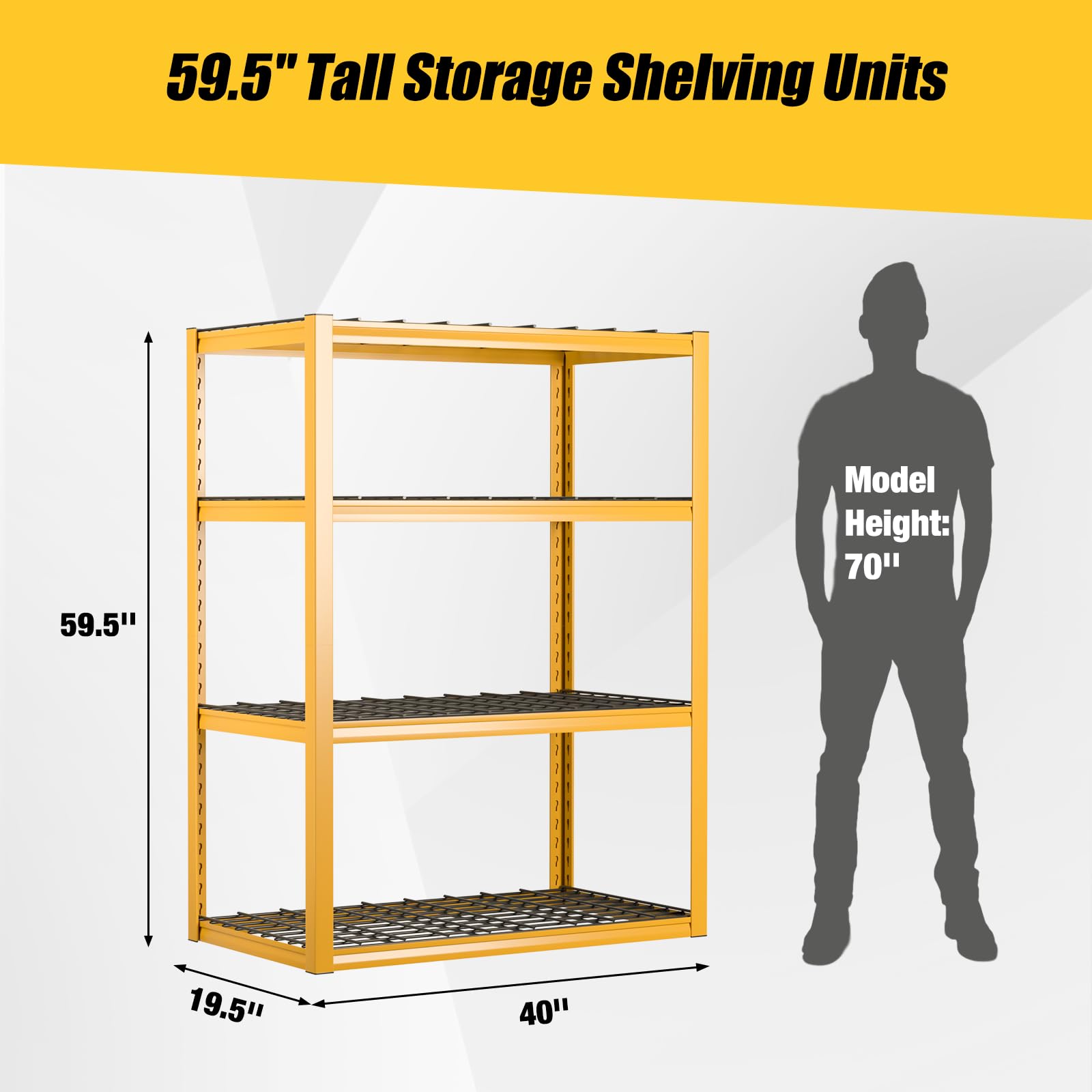 PLAYWUS 40" Garage Shelving, 2400LBS Heavy Duty Storage Rack, 4-Tier Adjustable Metal Wire Shelves, Industrial Shelving Unit for Garage, Kitchen, Living Room, Warehouse, Yellow