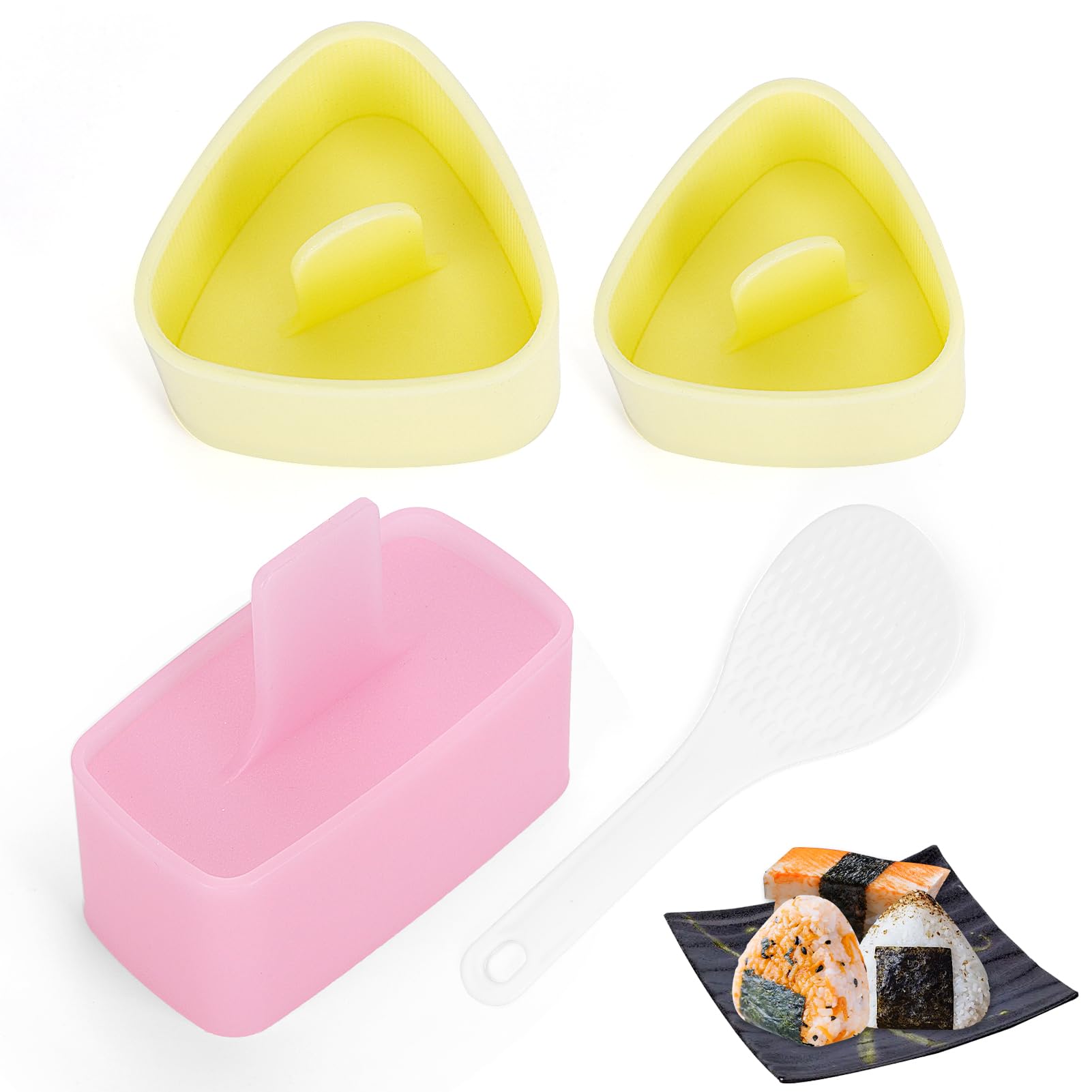 Onigiri Mold Kit, 3 Pack Rice Ball Mold with Small Rice Scoop, Classic Triangle Musubi Mold and Professional Sushi Mold, Spam Musubi Mold Kit, Rice Mold for Kid Lunch Bento & Home DIY VVNIAA