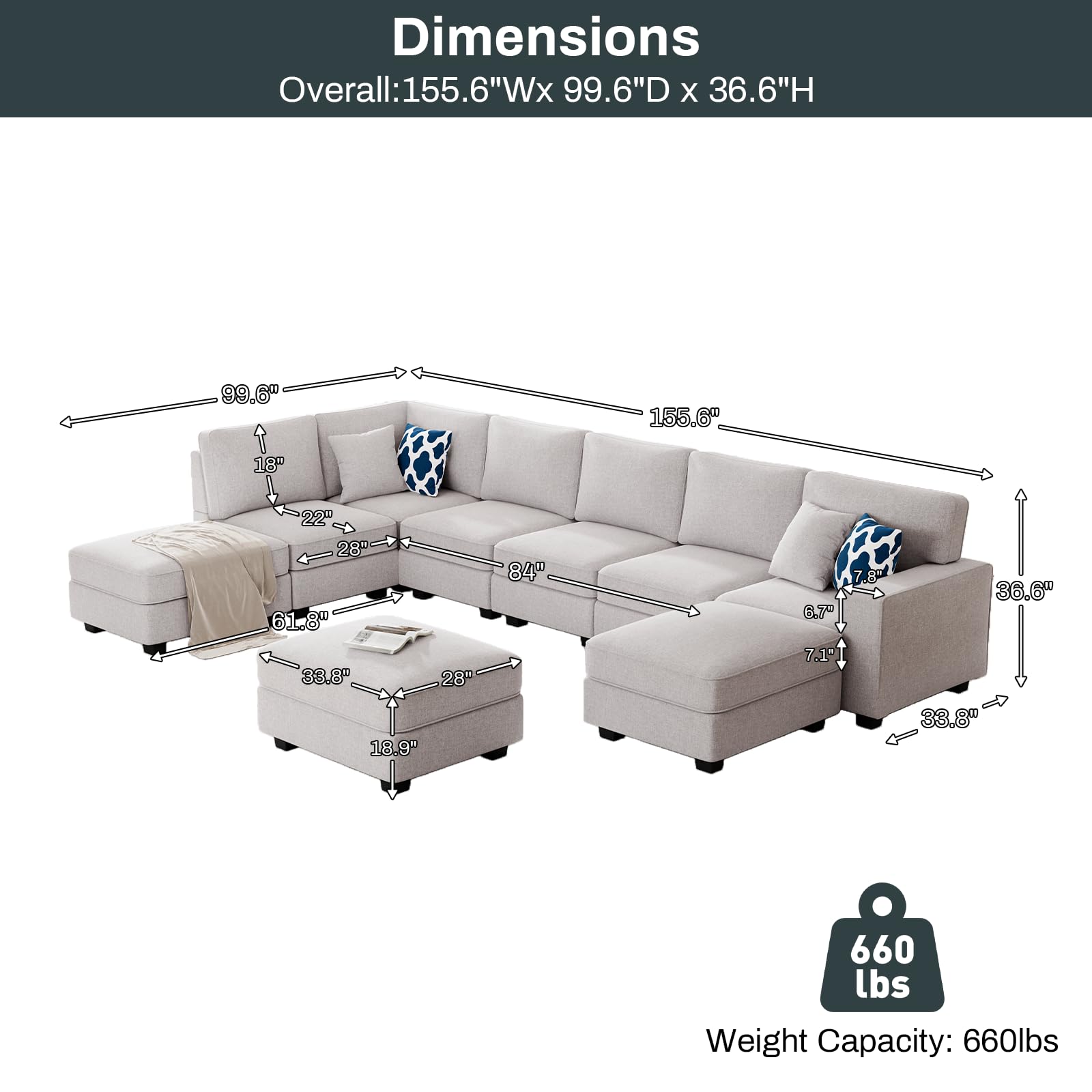 L Lengend Vansen Modular Sectional Sofa U Shaped Sofa Couch with Ottoman Modern Reversible Corner Sectional Couch for Living Room (Light Grey, U Shaped Sofa-4)