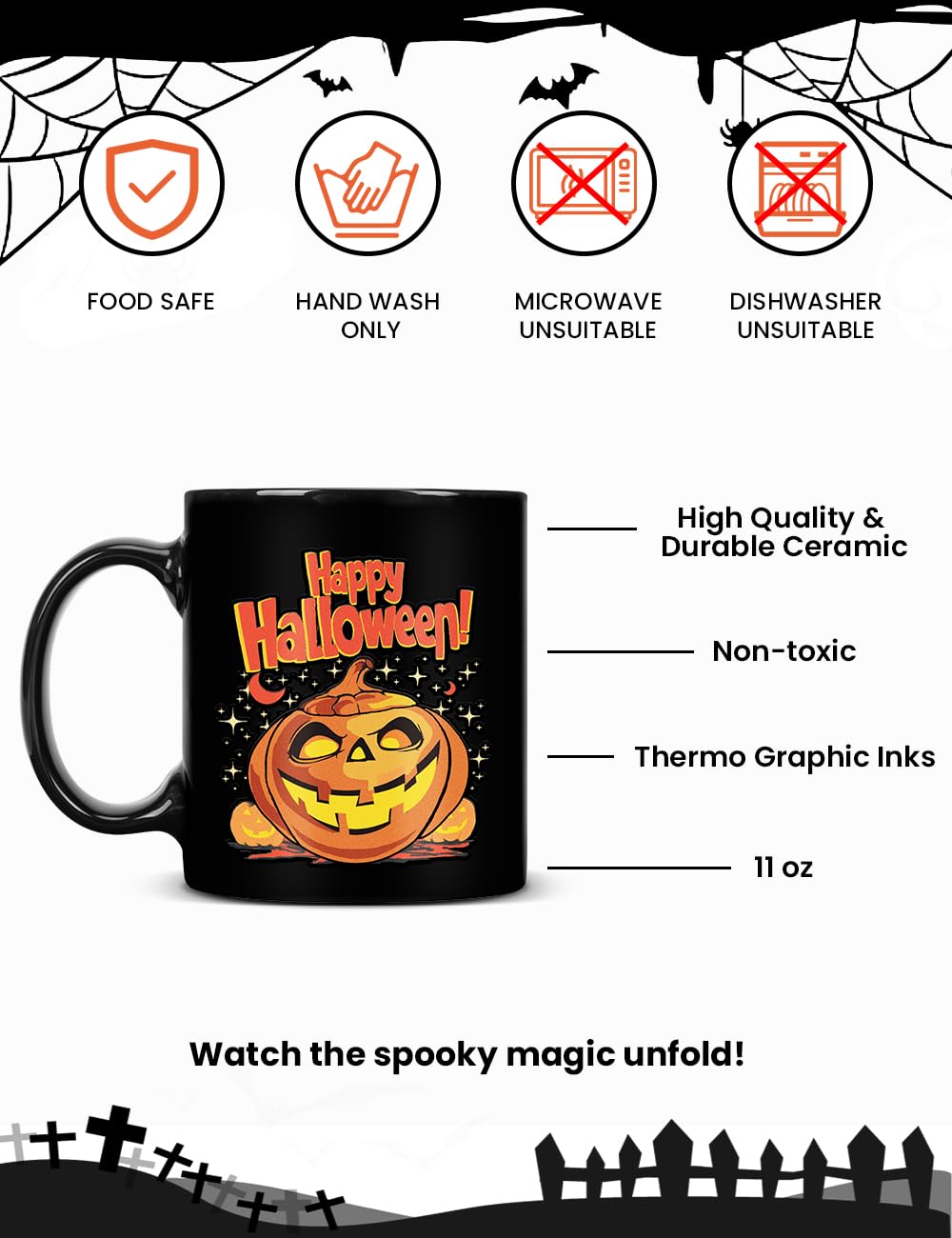 Cessfle Halloween Pumpkin Color Changing Mug, 11oz Halloween Heat Changing Coffee Mugs, Funny Halloween Mugs, Halloween Gifts For Kids Adult