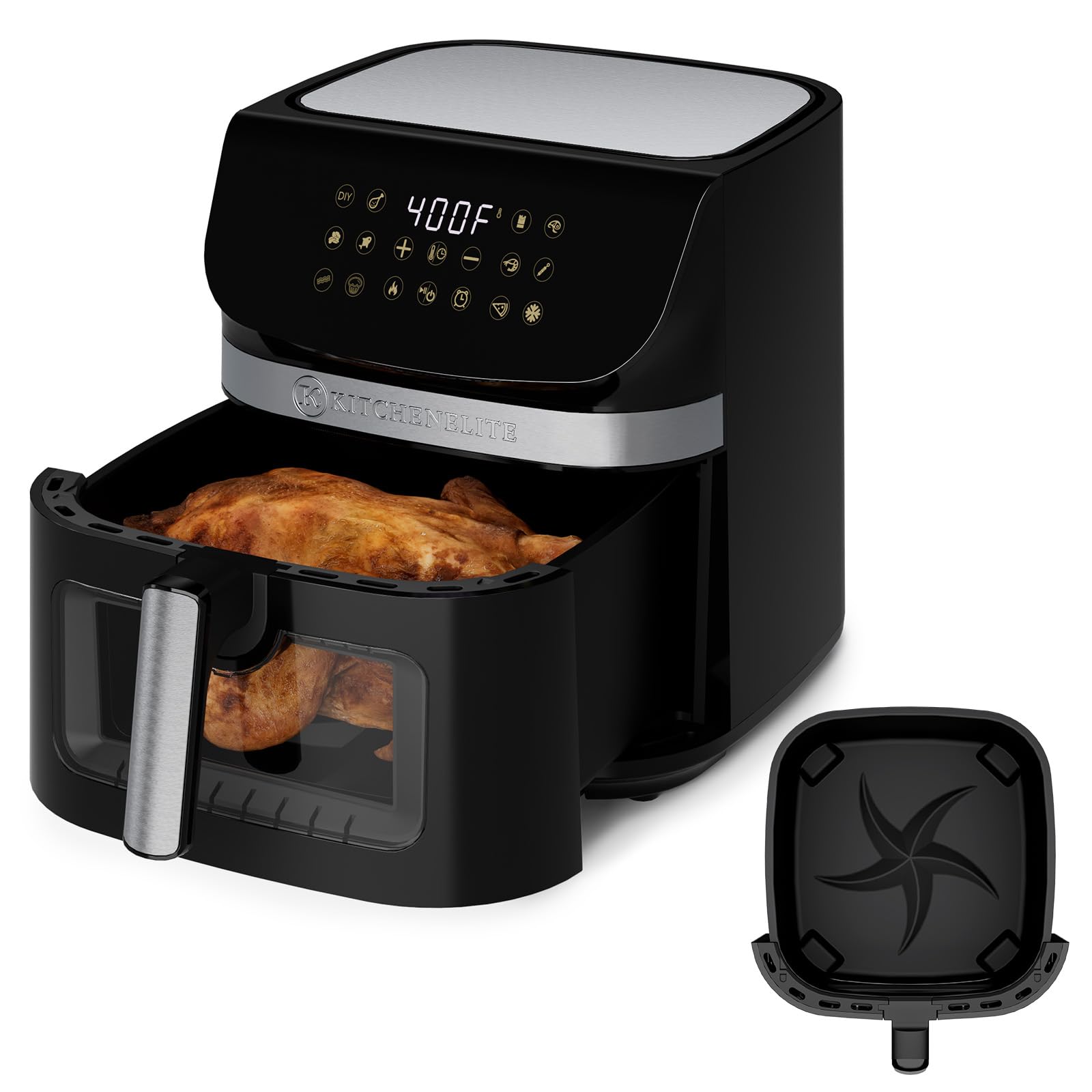 Kitchen Elite Air Fryer Oven with View Window, 9.5QT XL Large Airfryer Stainless Steel, 400°F Temp, 1min/Time Control, 9 1-Touch Cooking Presets, Nonstick, Automatic Light, Panel Tilt Friendly, 1700W