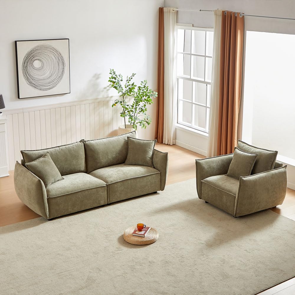 DEINPPA 2 Piece Living Room Furniture Set, Upholstered Sofa Set, Including 3-Seater Sofa and 44" Sofa with Pillows for Home or Office-Light Green