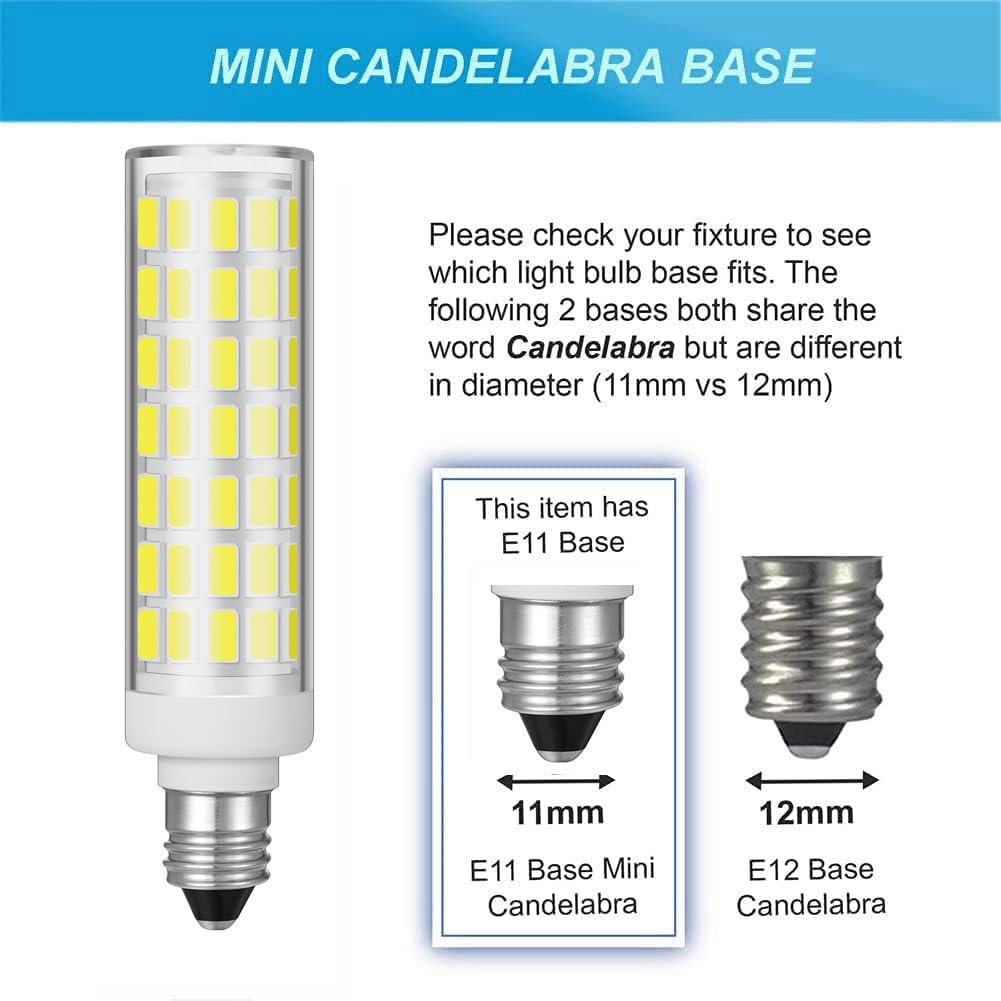 SSXBF E11 Led Bulb 8W 80W Halogen Replacement Dimmable，T3 T4 Mini Candelabra Base，Daylight White 6000K，100-130V for Ceiling Fans, Chandeliers, Cabinet Lighting, Pack of 2