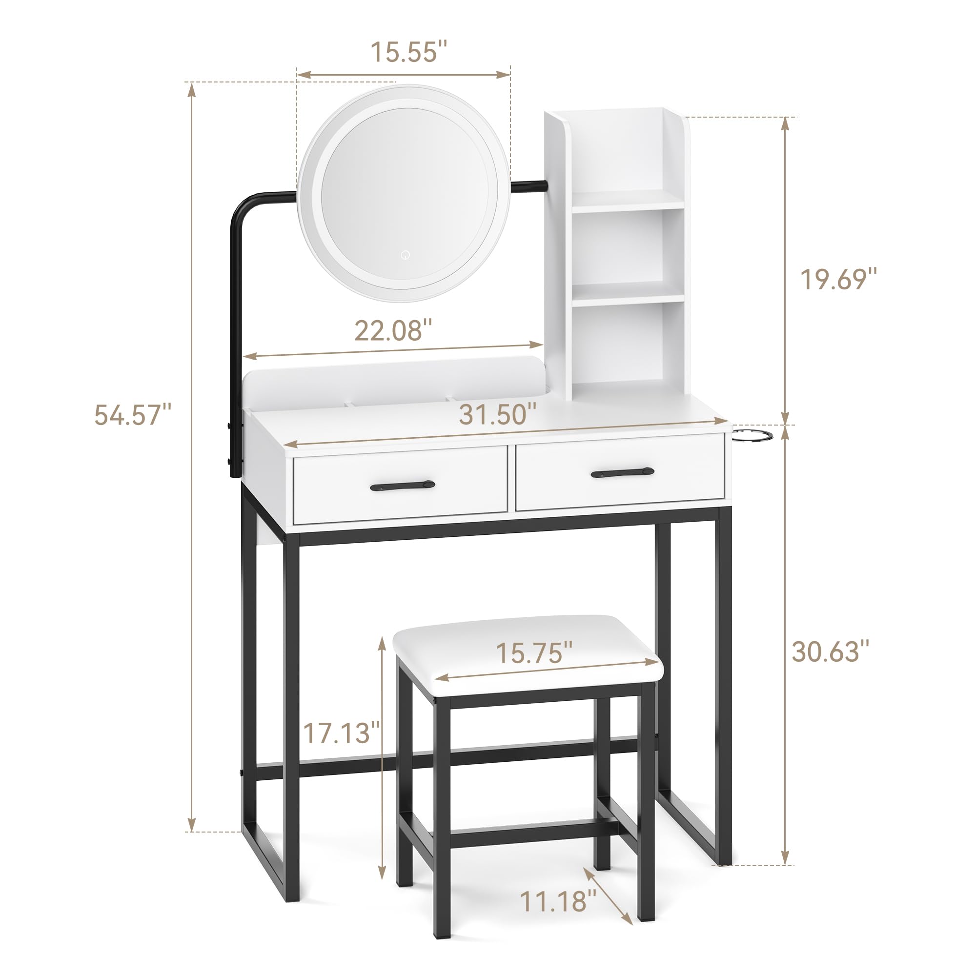 Dowinx Vanity Desk with LED Lighted Mirror & Power Outlet, White Vanity Desk with Adjustable 3 Lighting Modes, Small Vanity Desk for Bedroom, Makeup Vanity with Chair for Girl, White and Black