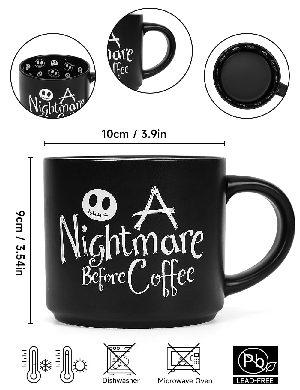 Cessfle Nightmare Before Coffee Christmas Mug, 14oz Ceramic Halloween Mugs, Jack Smile Face Skellington Mug, Spooky Halloween Themed Horror Movie Mug, Christmas Movie Cup