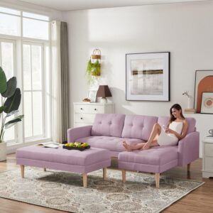 oaaktu 81" sectional sleeper sofa，4 seat u-shaped sofa couch with linen fabric and double chaises, modern living room furniture sets for apartment (pink)