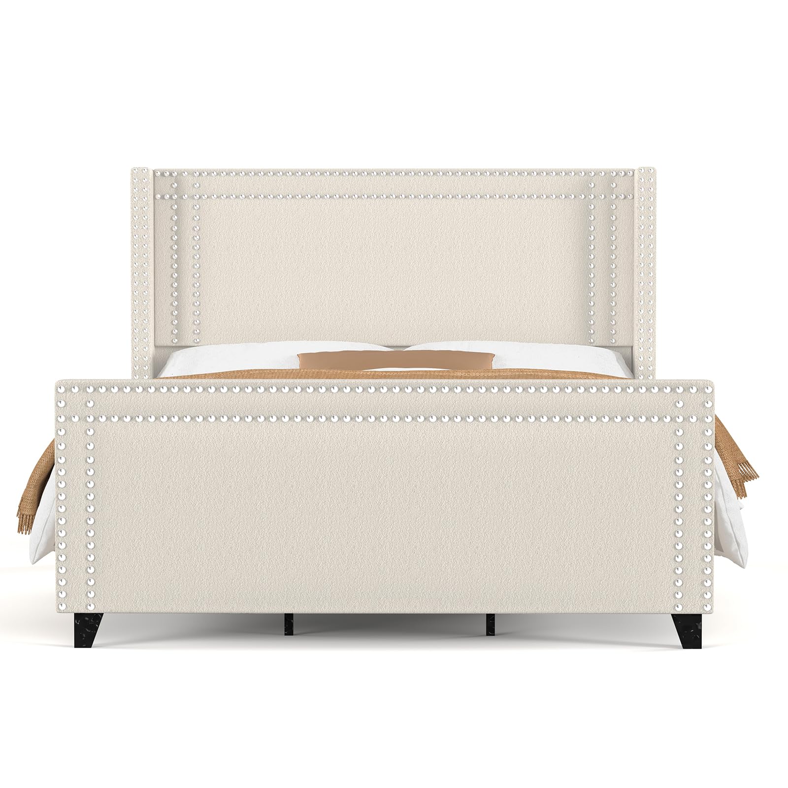 Jocisland Queen Size Bed Frame, Chenille Upholstered Platform Bed with Wingback Headboard & Footboard, Nailhead Trim, No Box Spring Needed, Cream