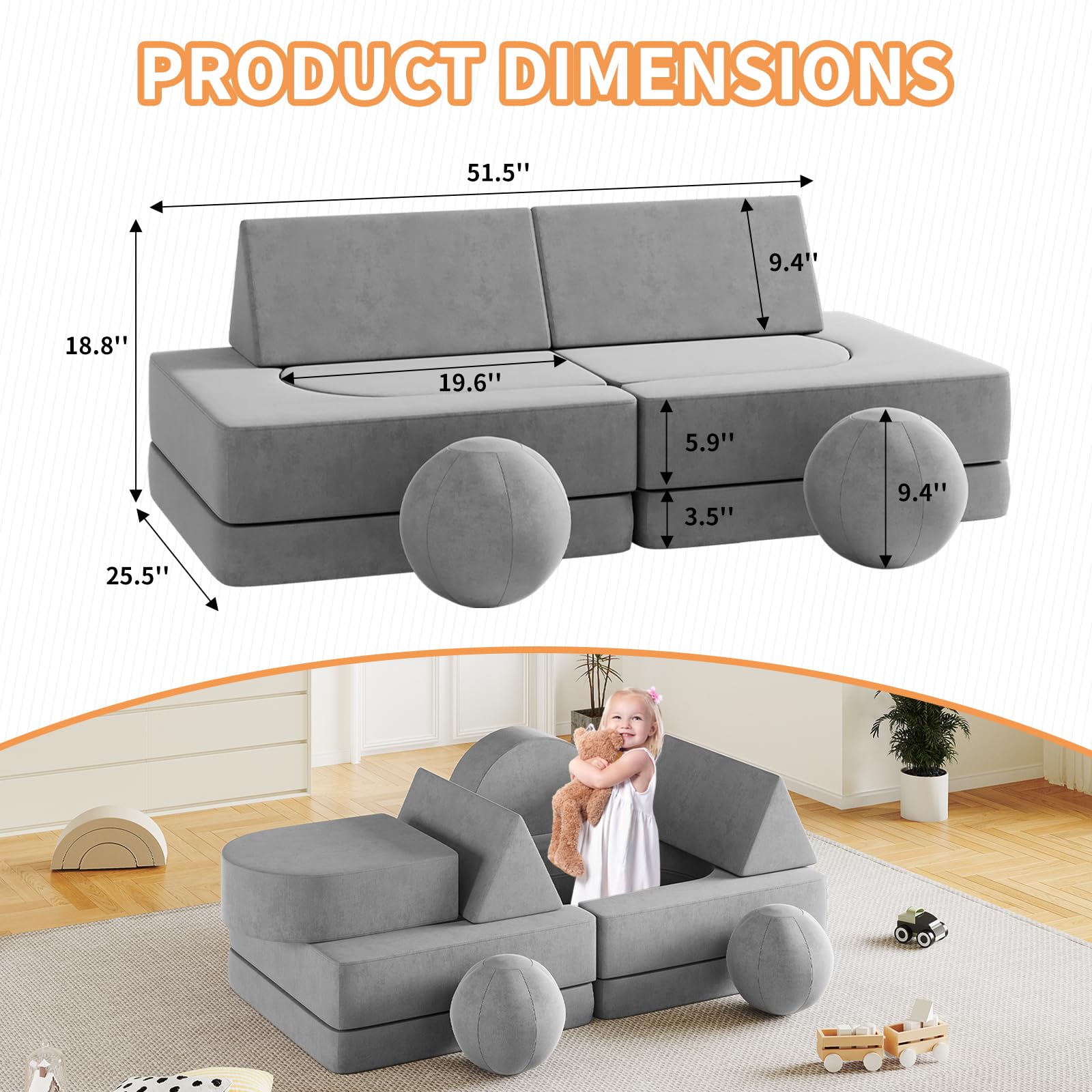 Neoriver Kids Couch, 10PCS Modular Kids Play Couch with 2 Balls and Tunnel, Fold Out Toddler Couch for Playroom Bedroom, Creative Kids Sectional Foam Sofa for Boys and Girls, Grey