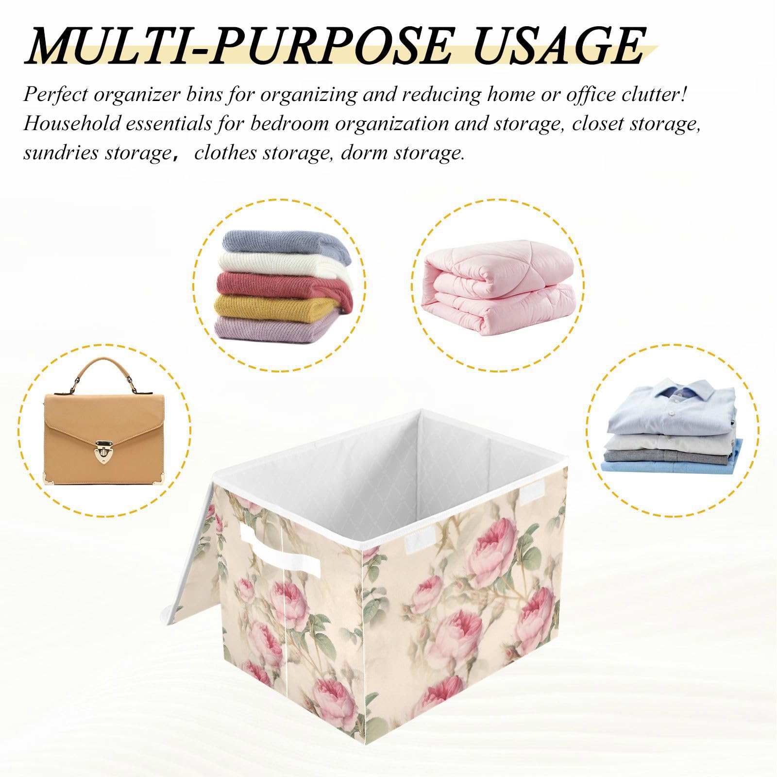 Tatenale Collapsible Storage Bins with Lids Decorative Fabric Storage Cubes Closet Organizer and Storage Basket Boxes Containers for Clothes Box Chest Folding Rectangle Pink Rose