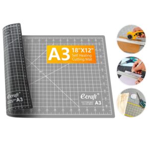 ecraft self healing cutting mat:18"x12" double sided 5-ply hobby mat, a3 rotary cutting sewing mat for crafts, fabric,sewing,quilting,scrapbooking,projects,grey/black