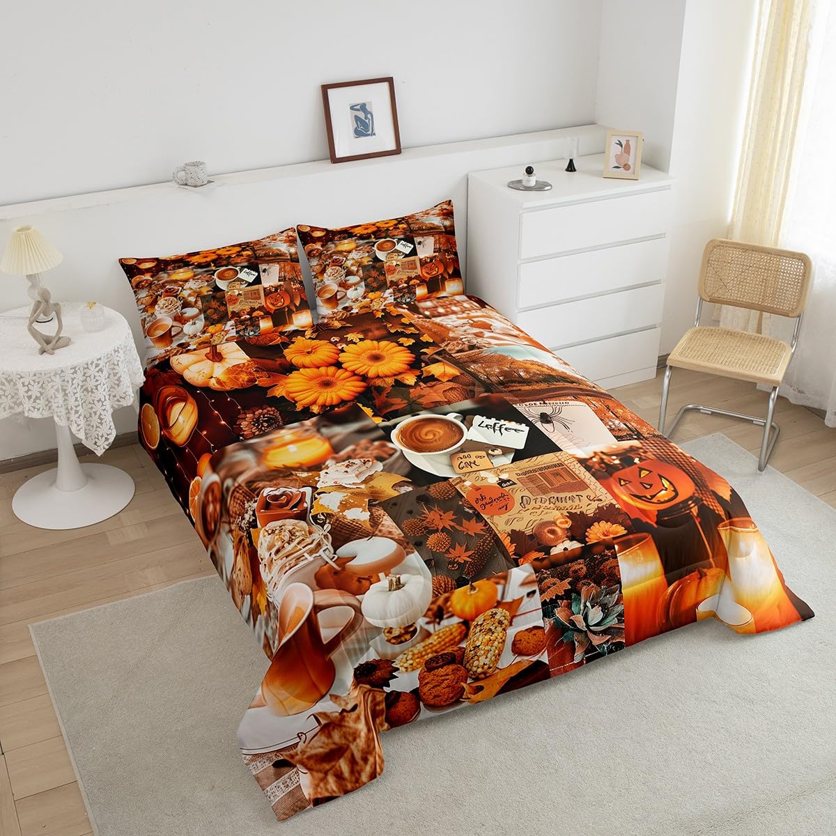 Feelyou Fall Pumpkin Bedding Set Halloween Themed Comforter Set Boys Girls Autumn Maple Leaves Decor Comforter Microfiber Pumpkin Fall Festival Duvet Set Bedroom Quilt Set Twin Size