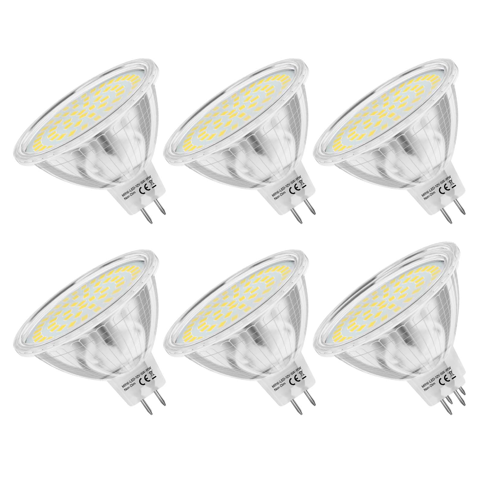 MR16 LED Bulbs 50W Halogen Equivalent,5000K Daylight White,AC/DC12V GU5.3 Bulb with 120° Wide Angle for Overhead Tracking Flood Recessed Accent Landscape Lighting,5W 500LM,Non-Dimmable,6 Pack