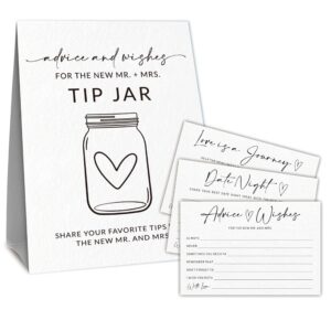 advice & wishes card kit - 1 standing sign & 3 type of advice cards (15pcs each) for newlyweds, engagement, bride & groom, date night cards, love is a journey, wedding party supplies (white) - c01